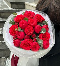 Букет "Красный бриз" из пионовидных роз Rad Piano и эвкалипта